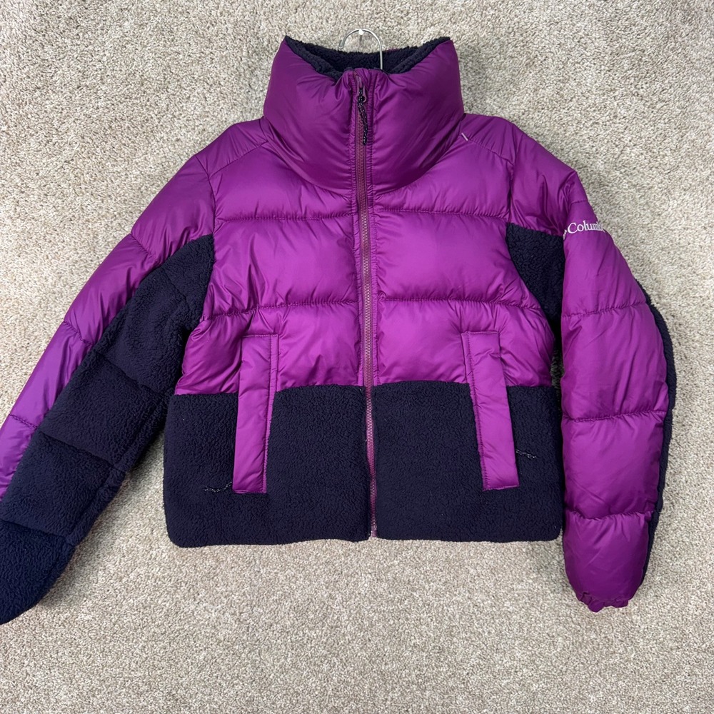 Columbia Puffer Jacket Womens XS WL3255 Purple Colorblock Fleece Trim EUC
